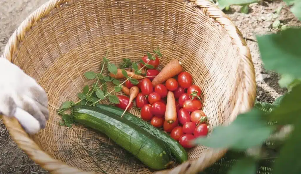 籠に入った野菜（キュウリ、プチトマトなど）